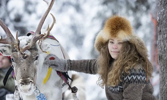 Tyttö poron kanssa Lapissa